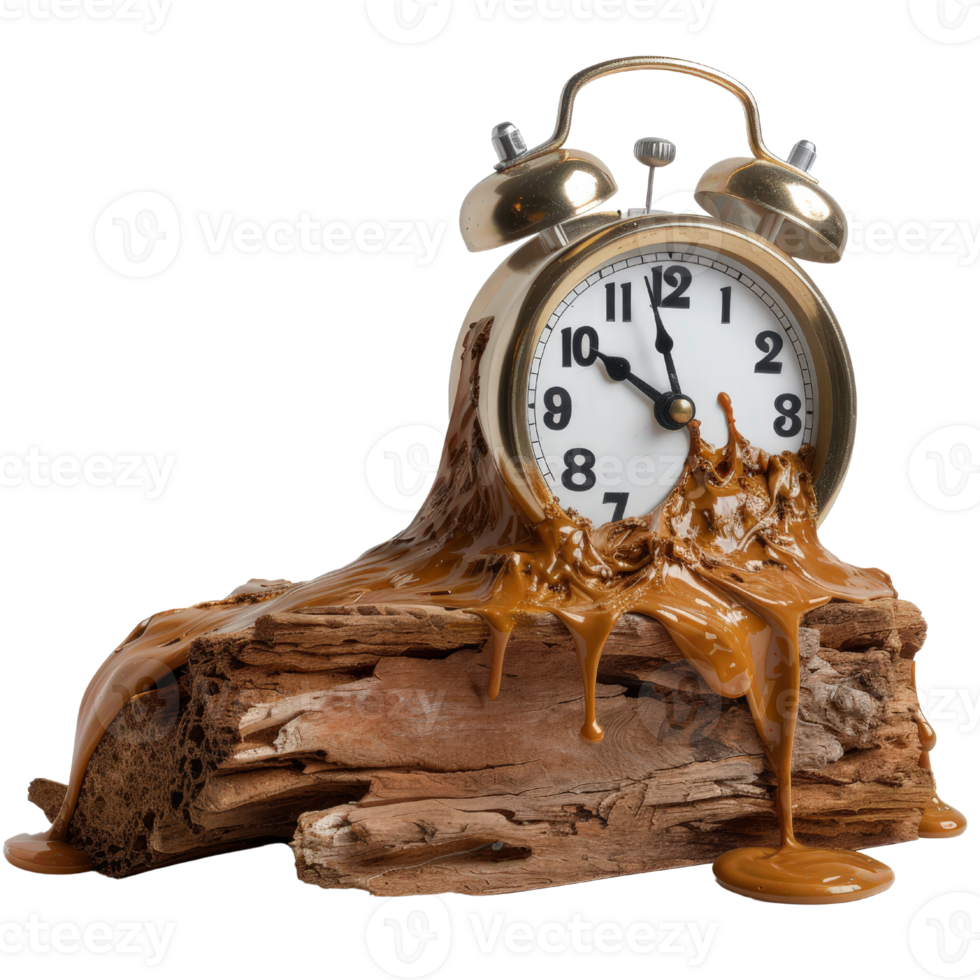 Surreal Clock Melting Over Wooden Log with Liquid Caramel Effect Demonstrating Time and Transformation png