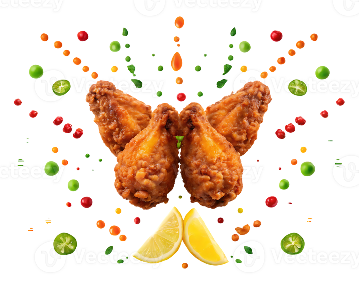 Crispy fried chicken wings with lemon and spices. png
