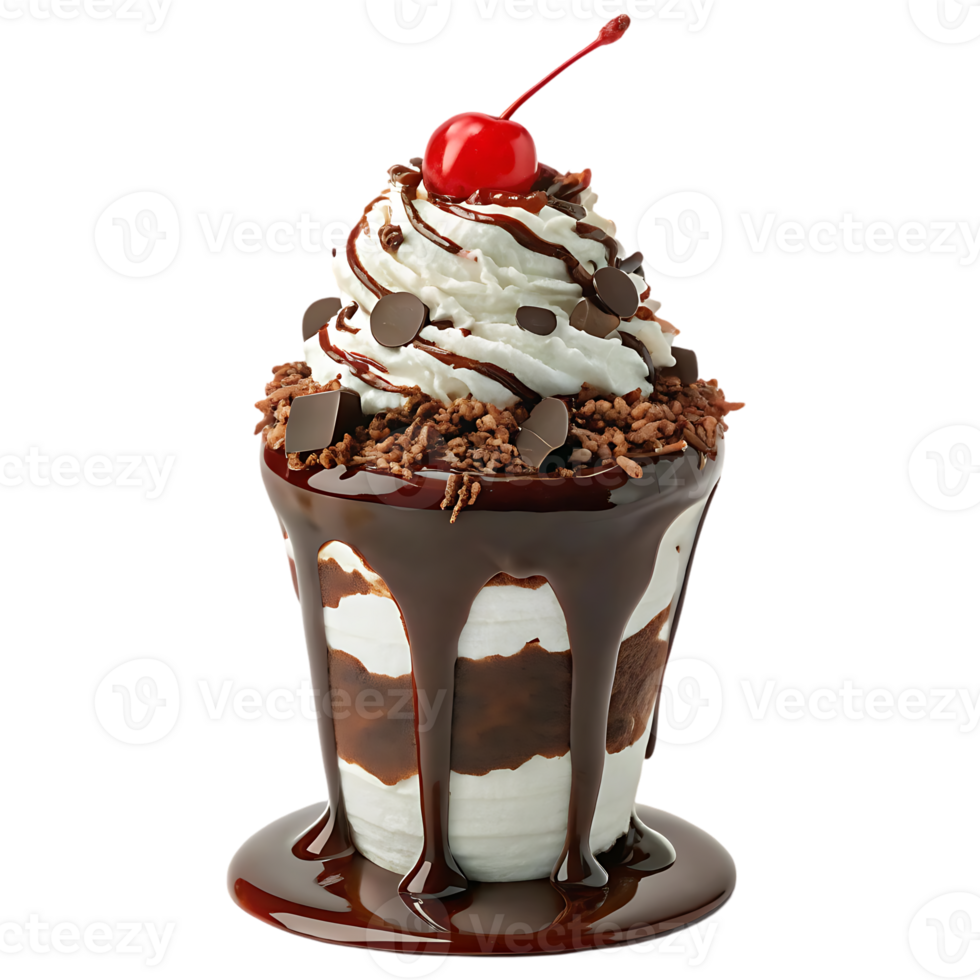 Delicious chocolate dessert with whipped cream and cherry. png
