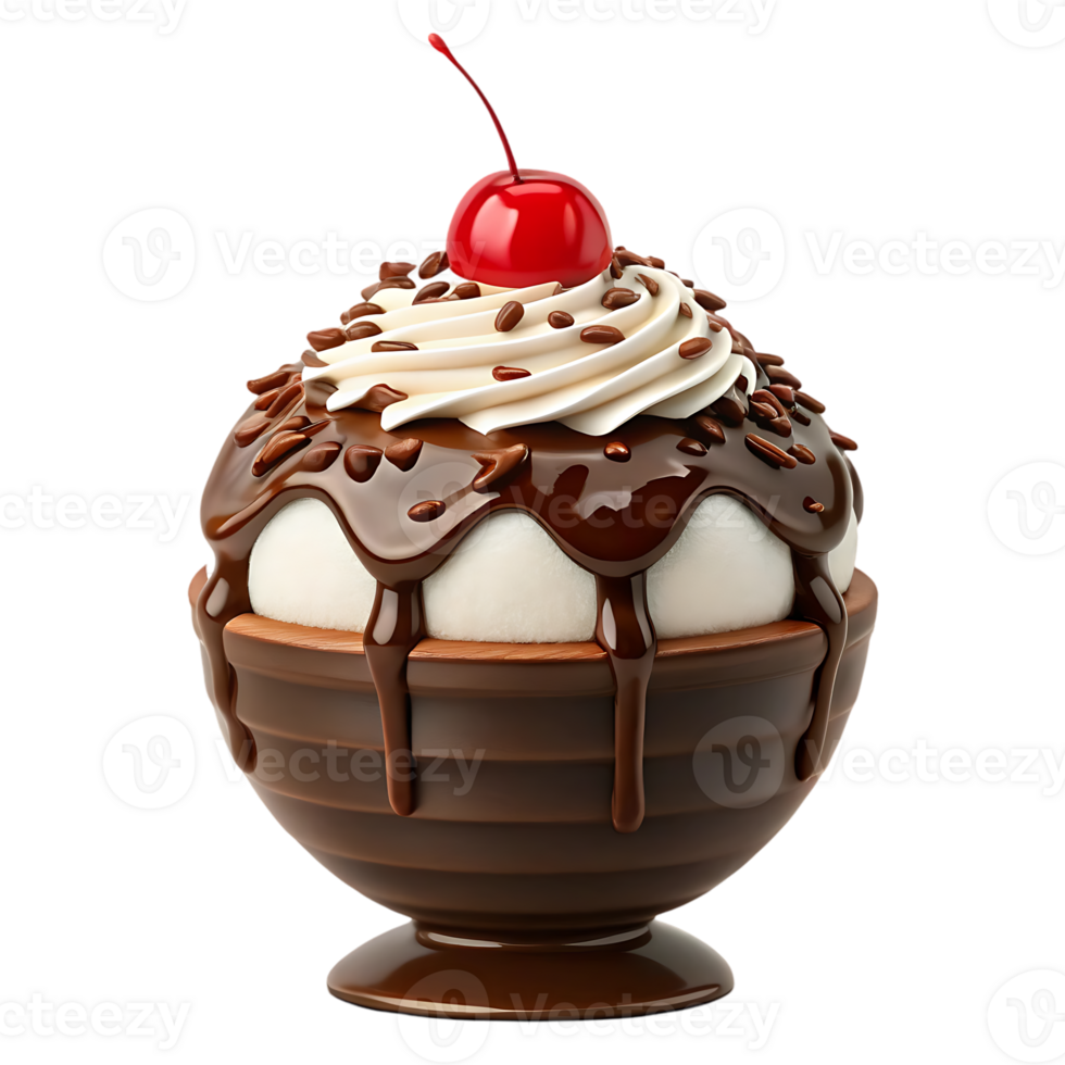 Delicious chocolate sundae with whipped cream and cherry. png