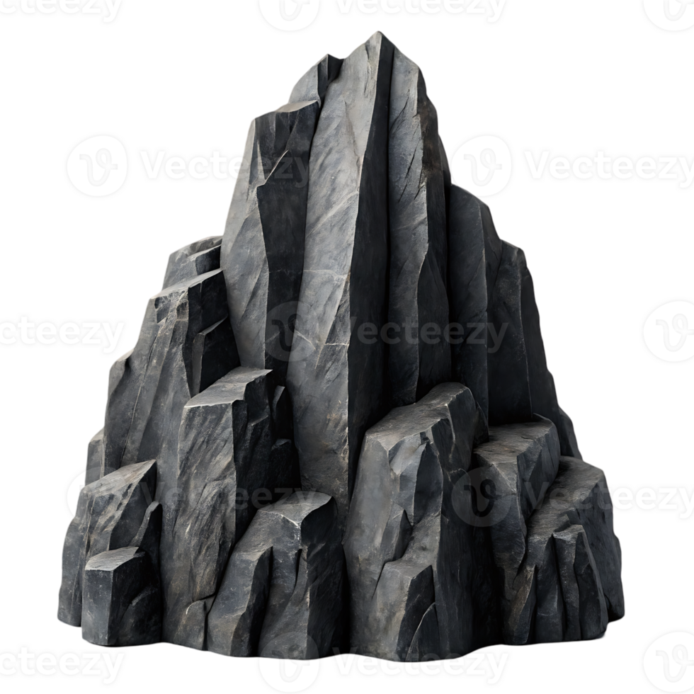 Isolated dark grey rock formation, 3D render png