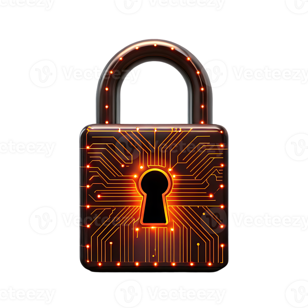 Cybersecurity concept, glowing padlock with circuit board design. png