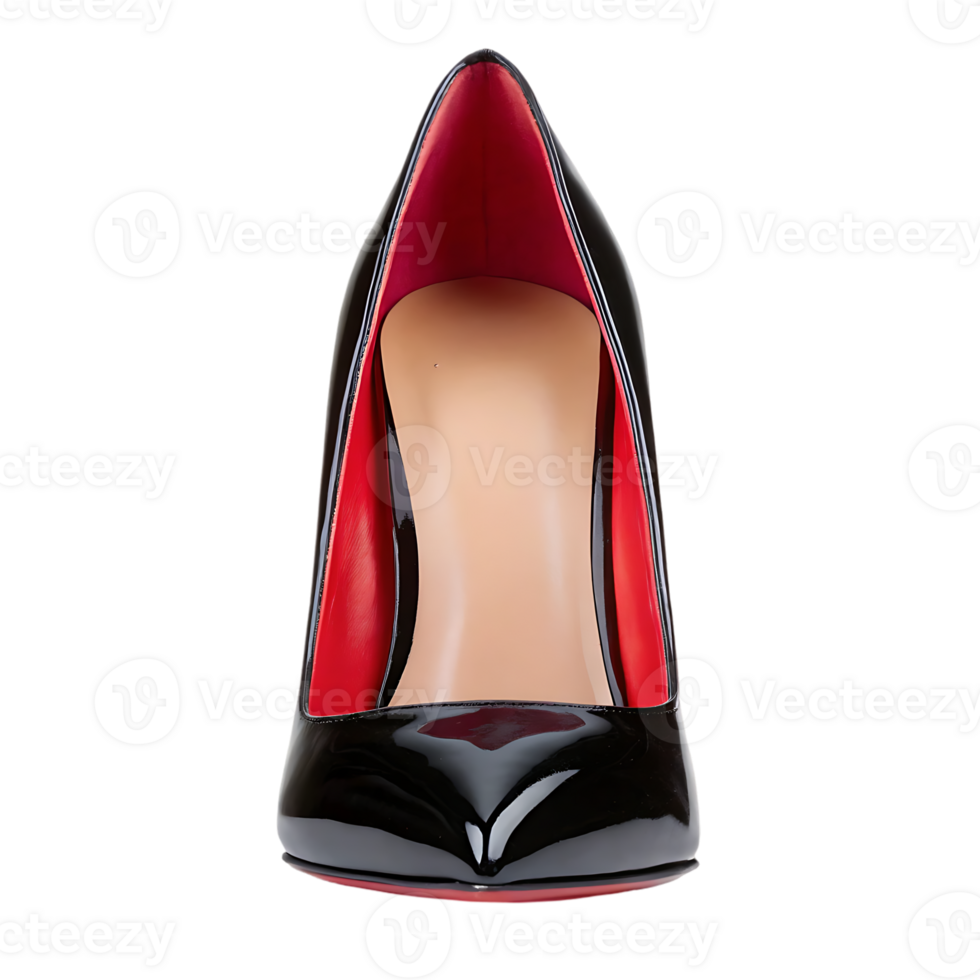 Close up of elegant black patent leather high heels with red lining. png