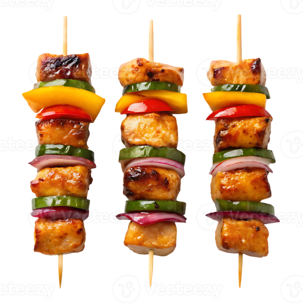 Delicious grilled chicken skewers with colorful vegetables. png