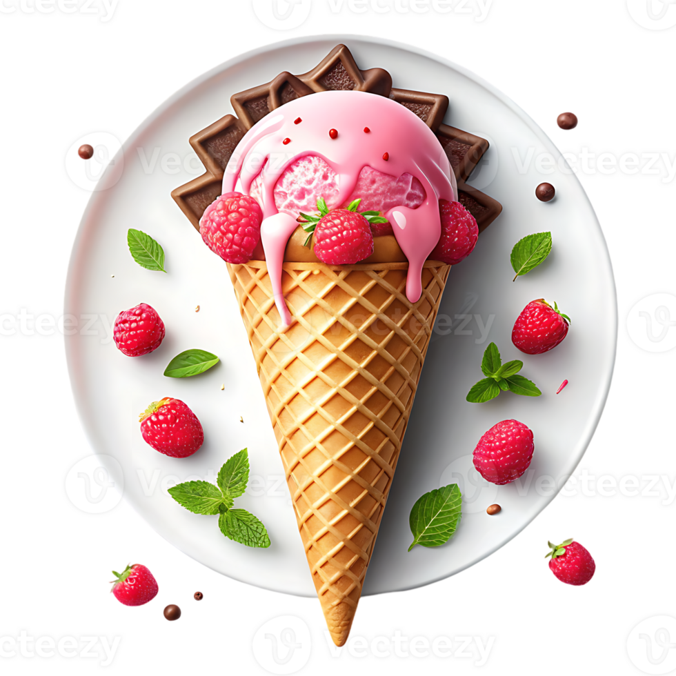 Delicious raspberry ice cream cone with chocolate. png