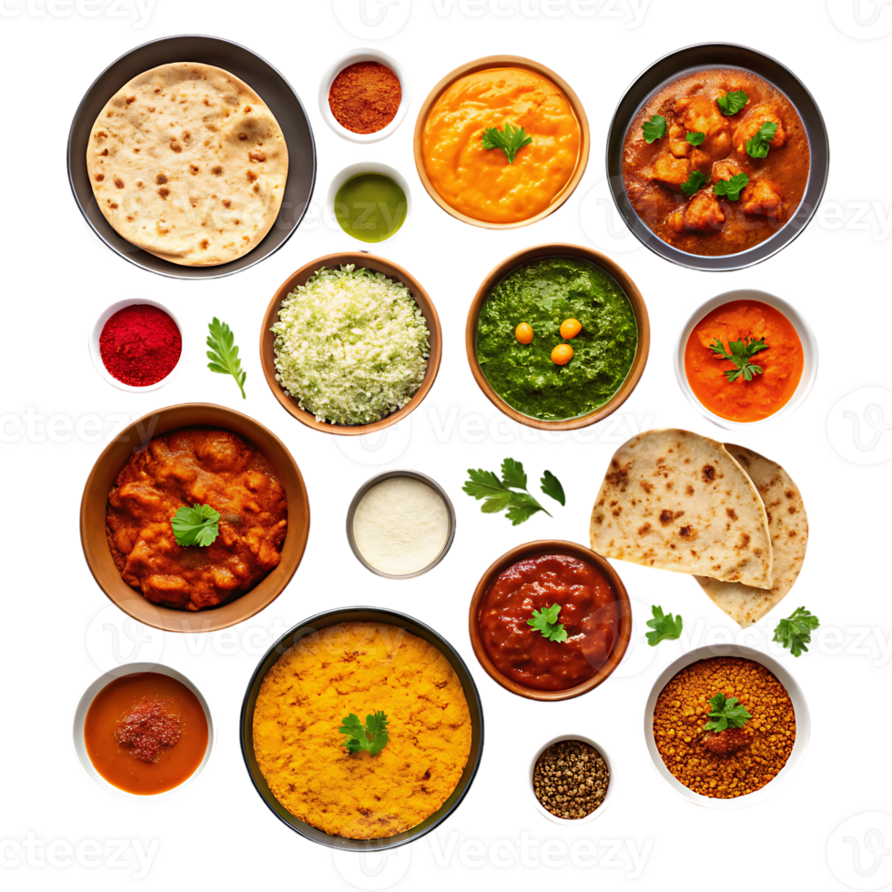 Variety of delicious Indian dishes. Curry, rice, naan bread, and more. png