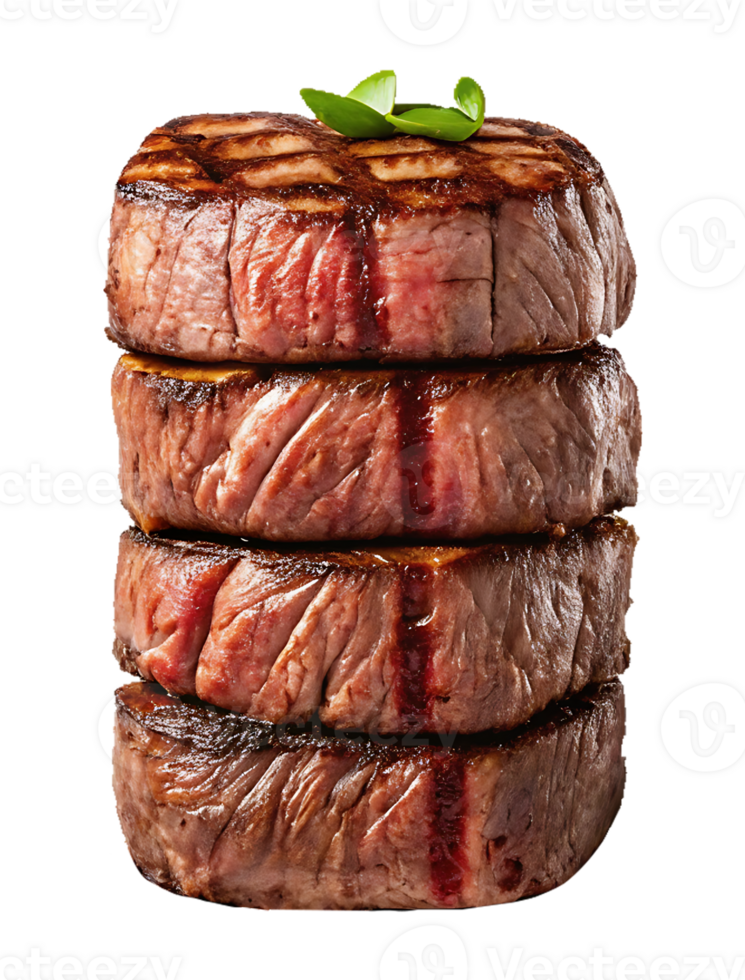 Stack of four grilled beef steaks. png
