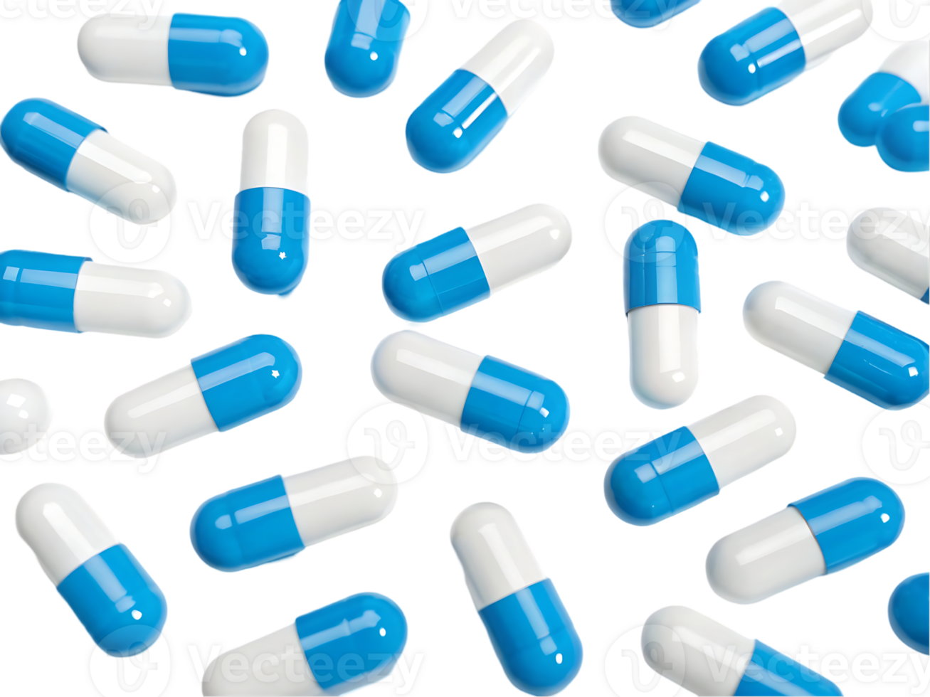 Blue and white capsules scattered on black background png