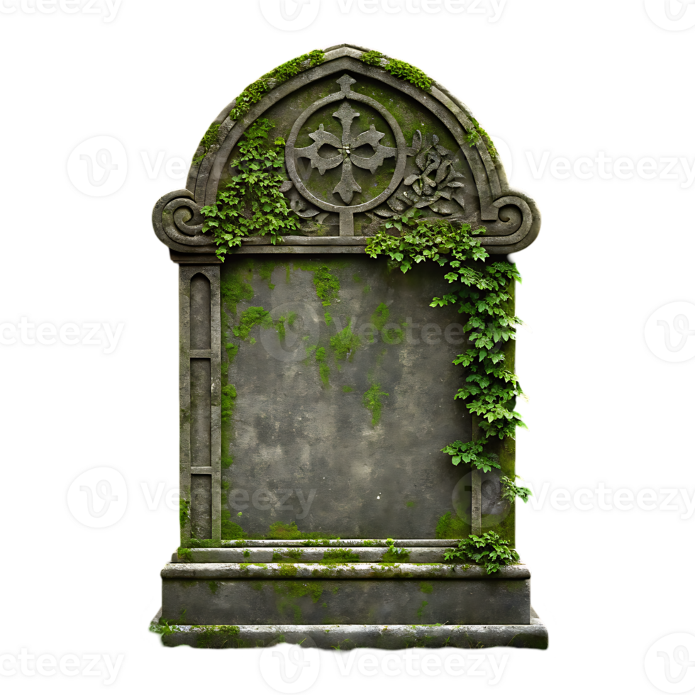 Old gravestone covered in moss and ivy. png