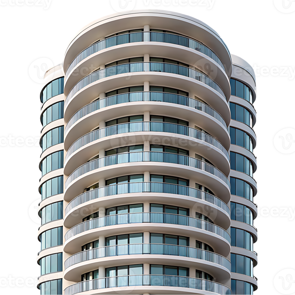 Modern high rise building with circular balconies. png