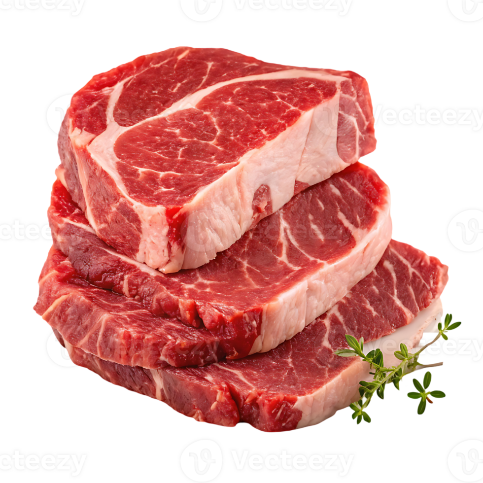 Three juicy slices of raw steak, ready for grilling. png