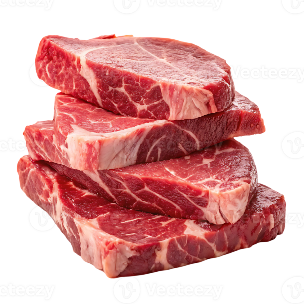 Close up of four raw beef steaks stacked. png