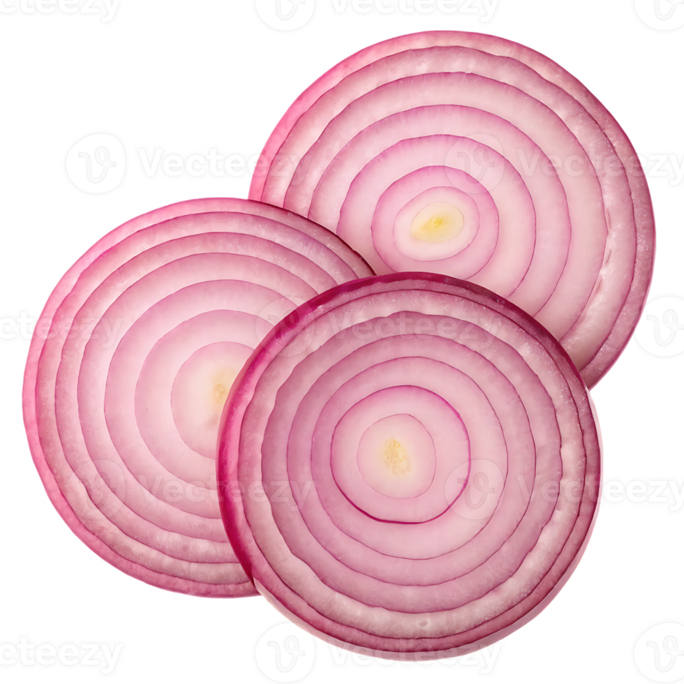 Three slices of red onion, showing concentric rings. png