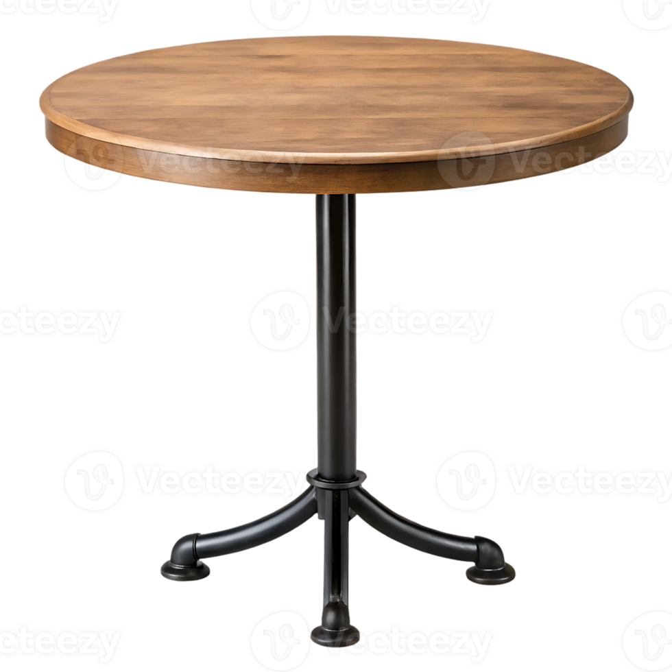 Small round wooden table with black metal legs, isolated on white. png