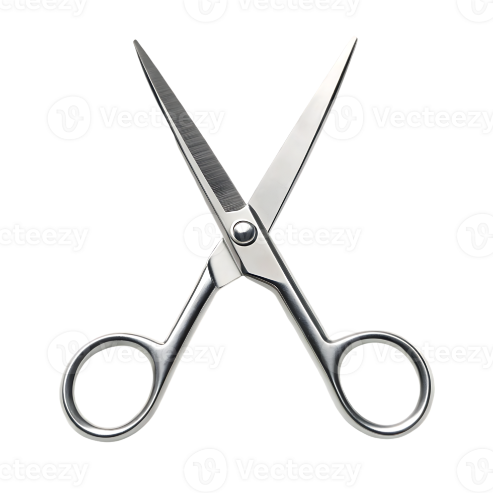 Close up of shiny metal scissors isolated on black background. png