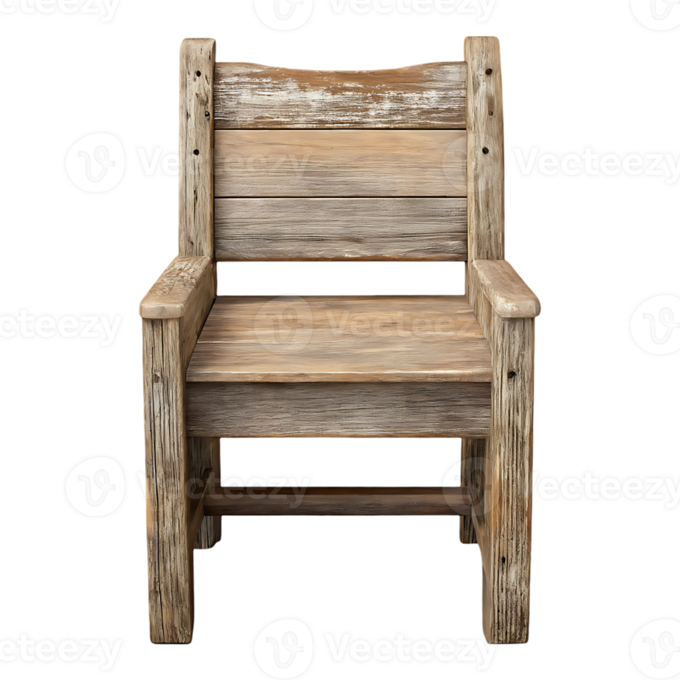 Rustic wooden armchair, weathered and worn. png