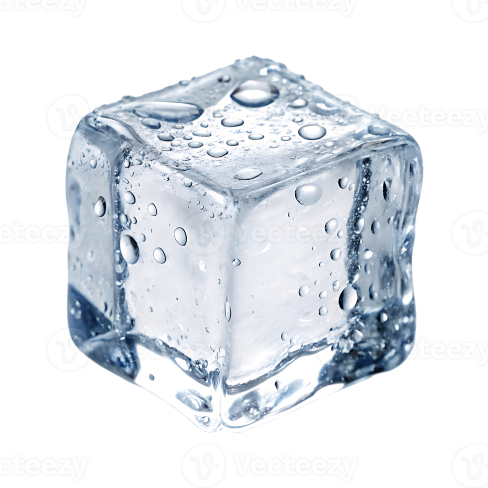 Single ice cube with water droplets. png