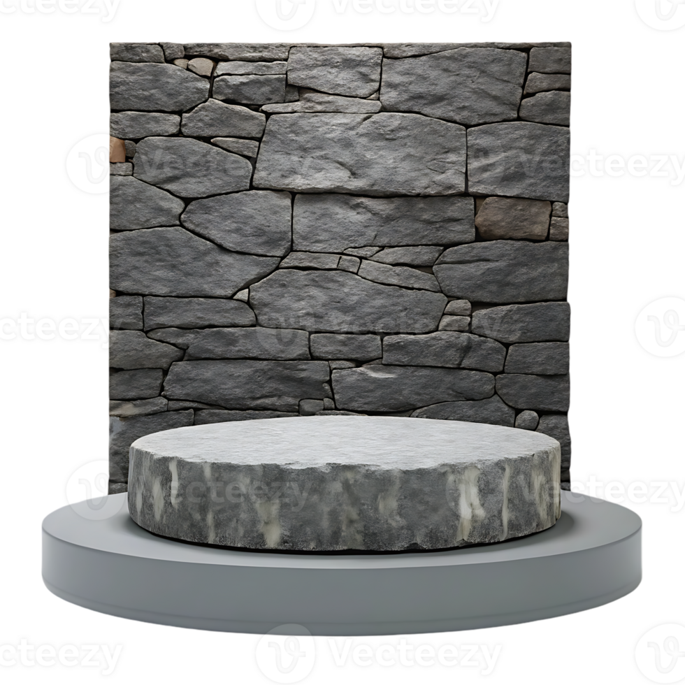 Stone podium against a rustic stone wall background. png