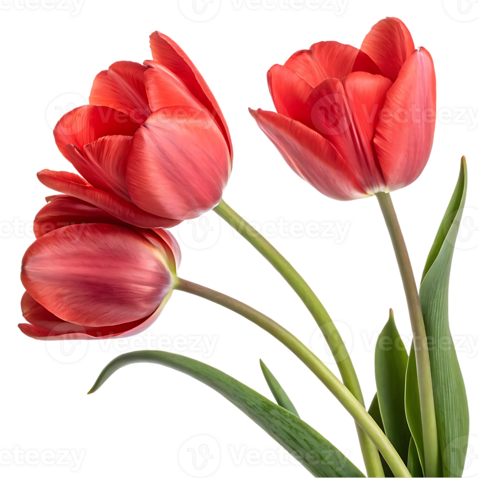 Three red tulips isolated on black background png
