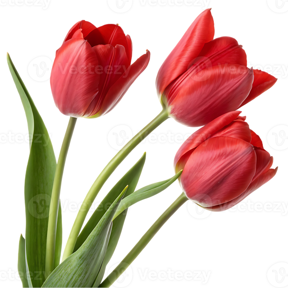 Three red tulips bouquet, spring flowers png
