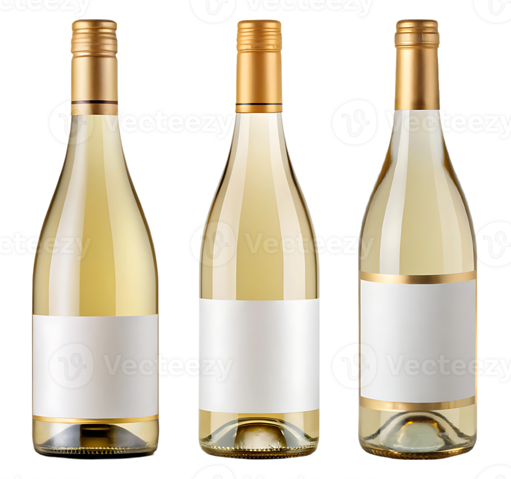Three elegant white wine bottles with blank labels, perfect for your design. png