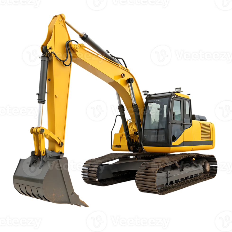 Powerful yellow excavator on a black background. png
