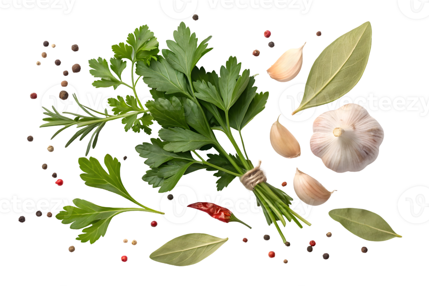 Fresh herbs and spices overhead shot png