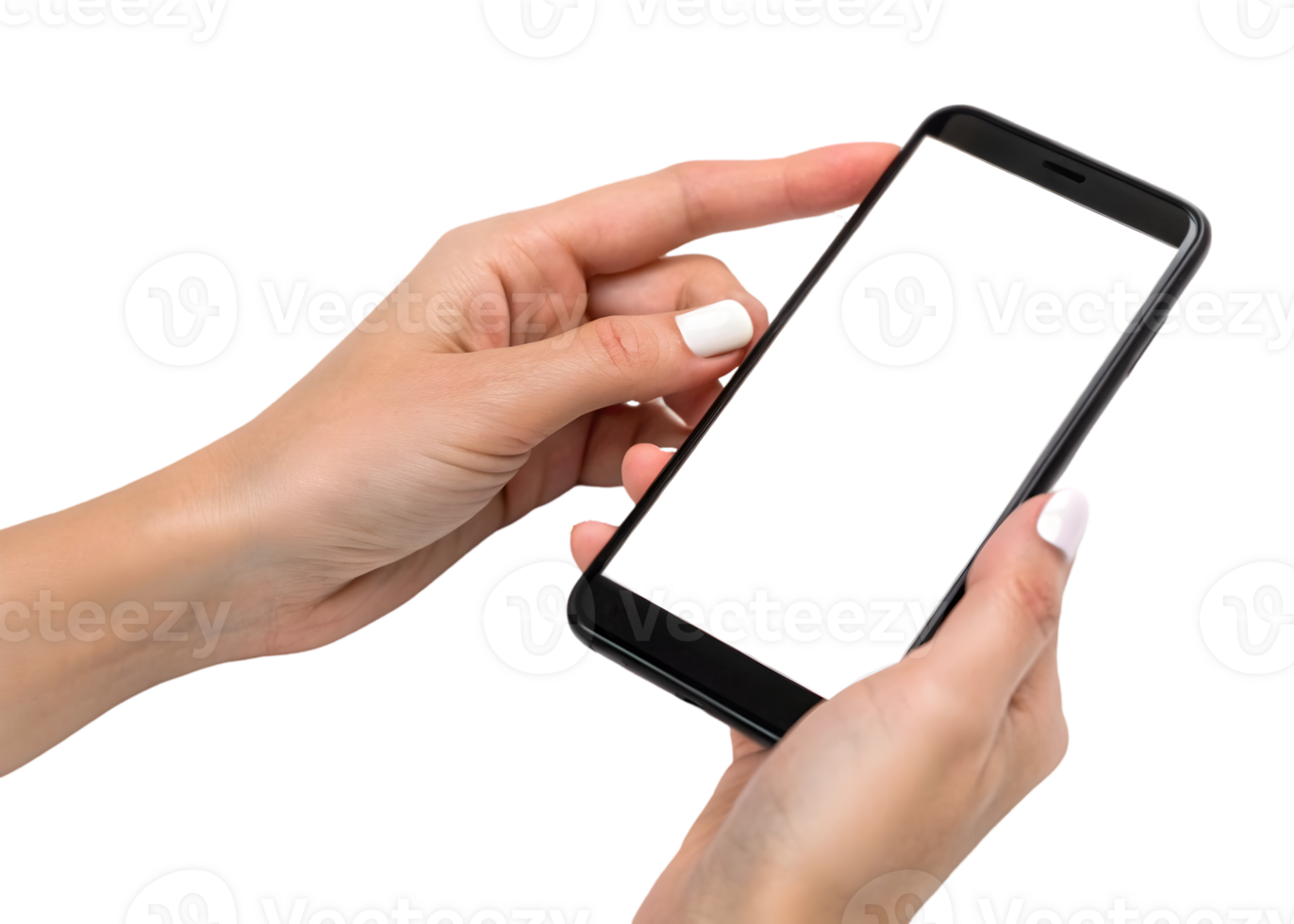 Woman's hands holding smartphone with blank screen. png