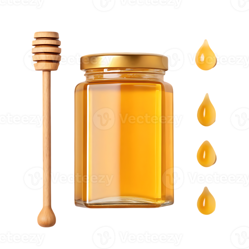 Honey jar with honey dipper and honey drops png