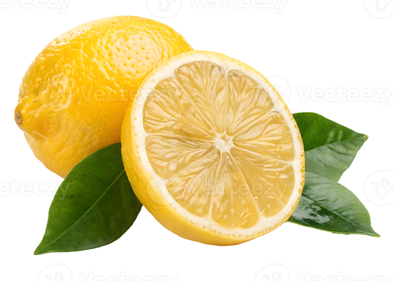 Fresh lemons with green leaves, isolated on black background. png