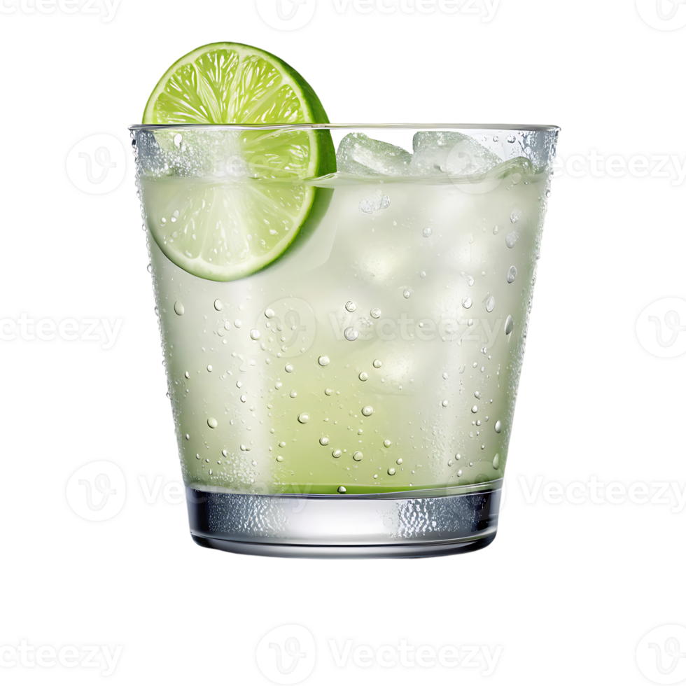 Close up of a refreshing lime drink with ice in a rocks glass. png