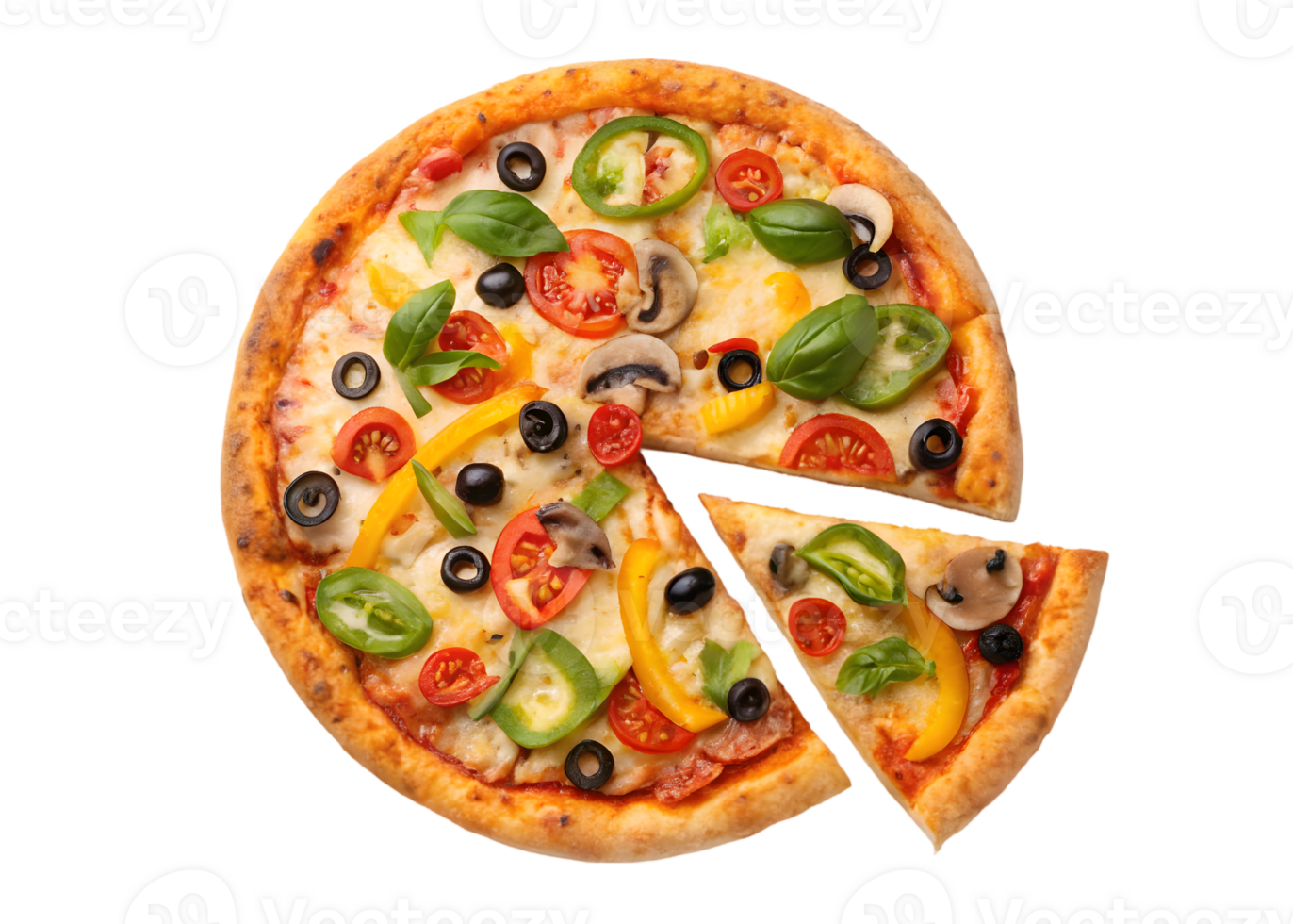 A tempting veggie pizza with a slice removed, ready to eat. png