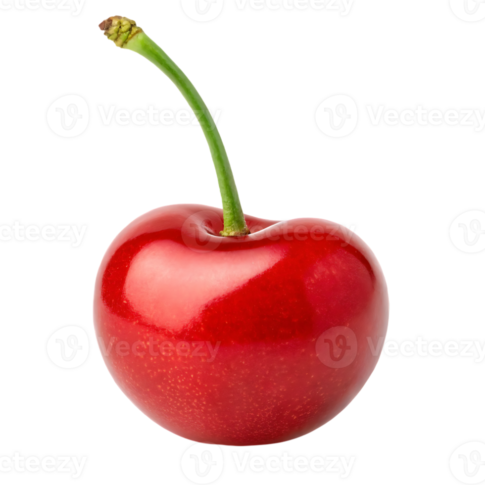 Single ripe red cherry with stem on black background png