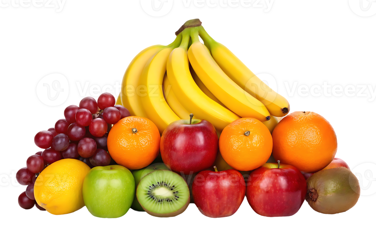 A colorful mix of fresh, ripe fruits including bananas, apples, oranges, grapes, and kiwi. png