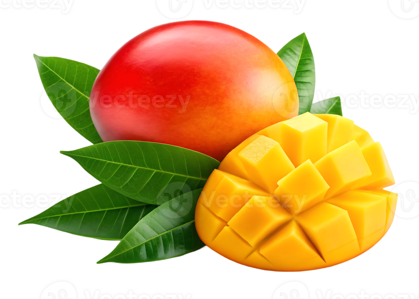 Fresh, ripe mango with a sliced section, showcasing its vibrant color and juicy texture. png