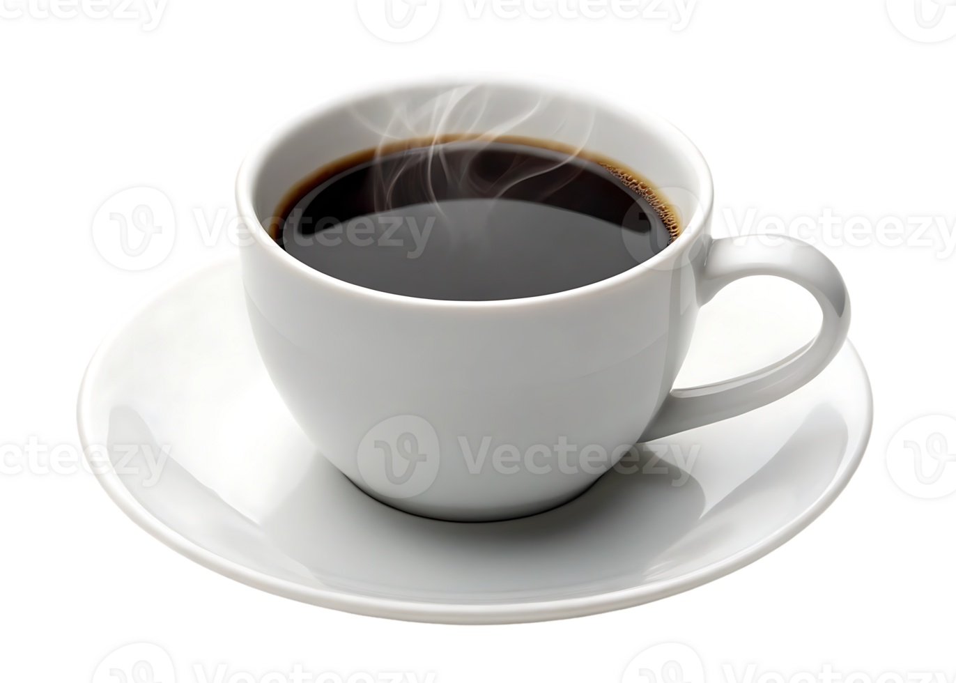 A steaming cup of black coffee on a saucer. png