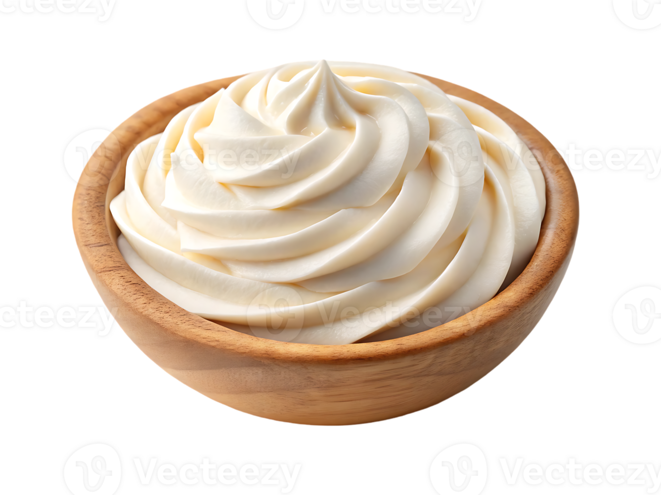 Creamy, delicious mayonnaise in a wooden bowl. png