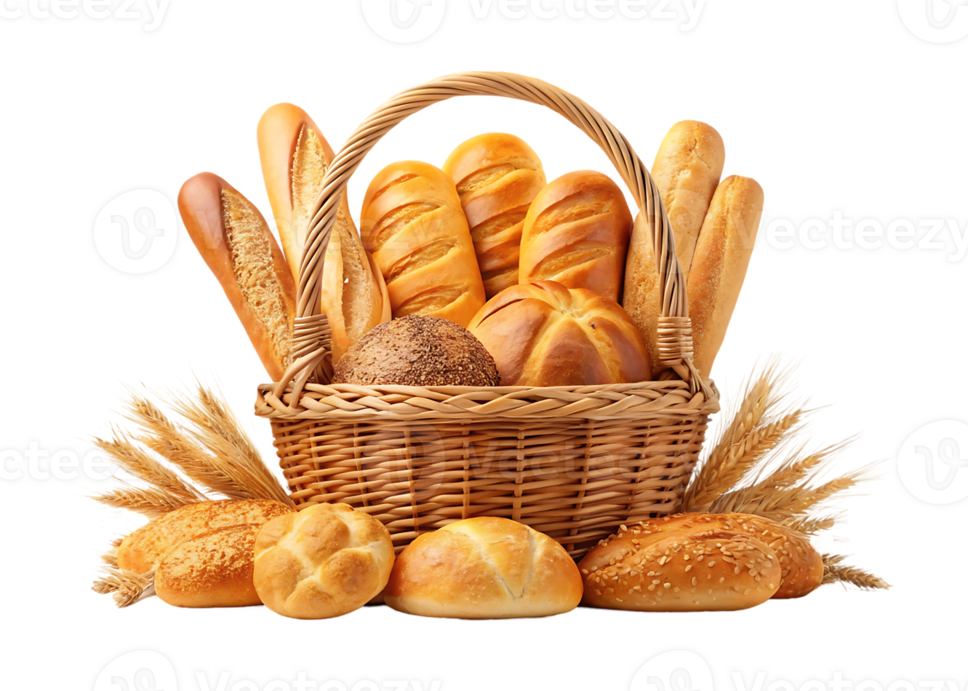 Assorted breads in a wicker basket with wheat png