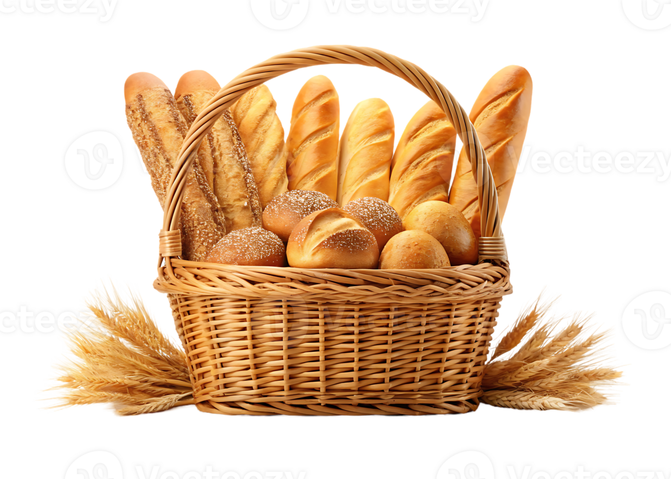Assortment of freshly baked bread in a wicker basket png