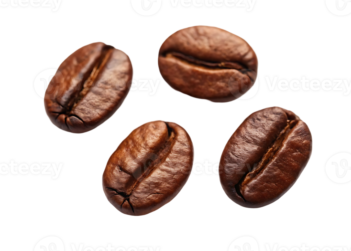 Four roasted coffee beans, close up. png