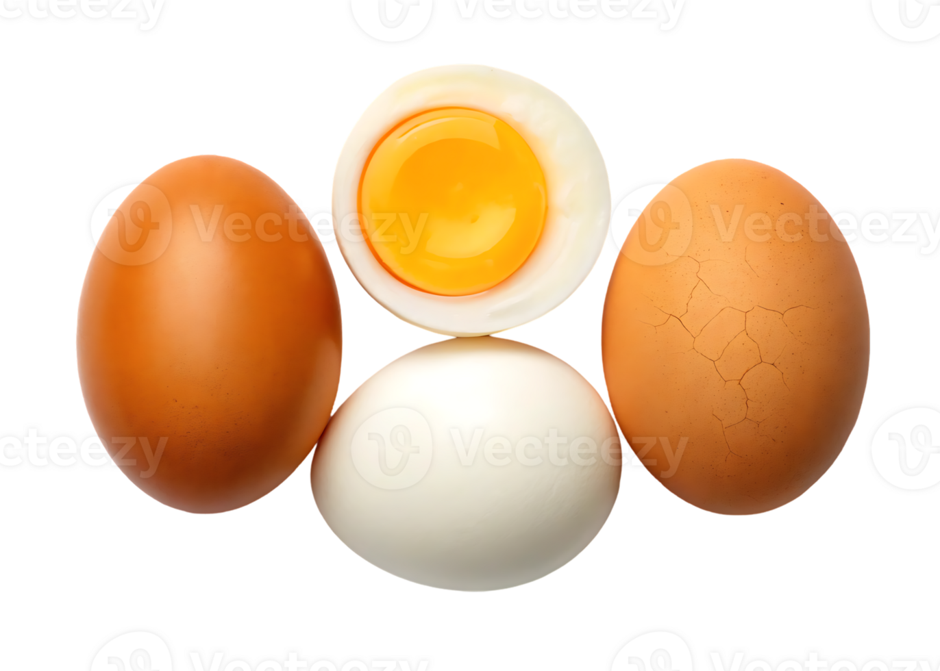 Boiled eggs, whole and halved, showing yolk and white. png