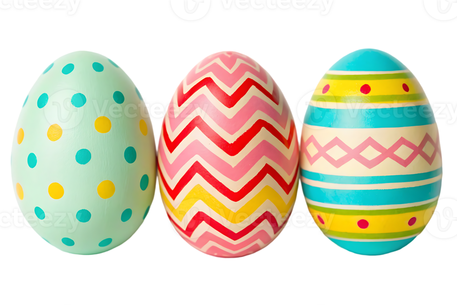 Three decorated Easter eggs in a row. png