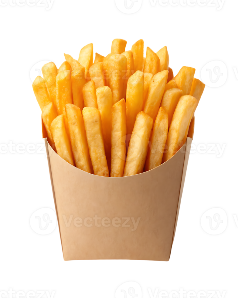 A serving of golden french fries in a paper container. png