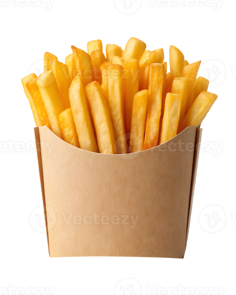 Crispy golden french fries in a paper container. png