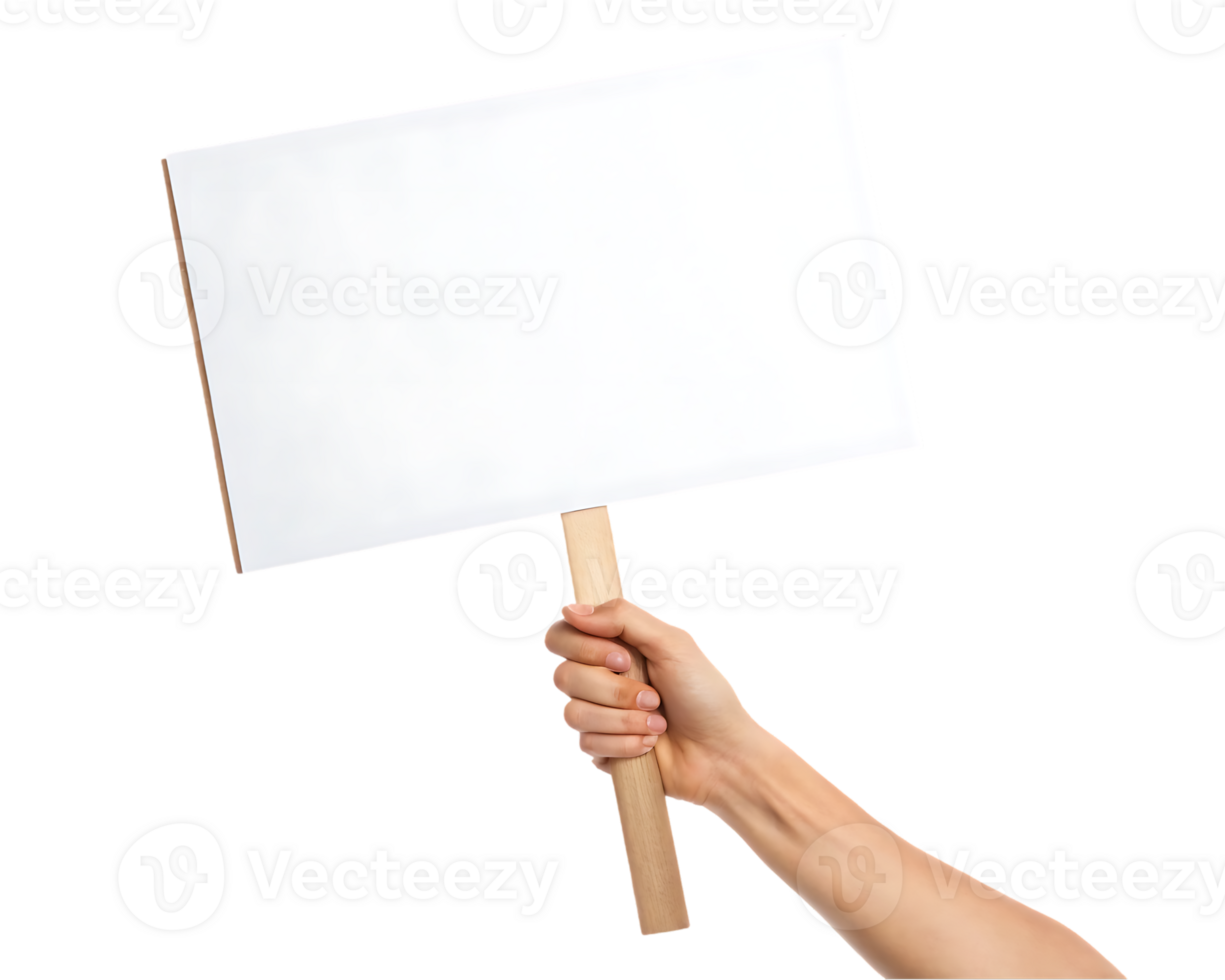 Hand holding a blank sign, isolated on black. png