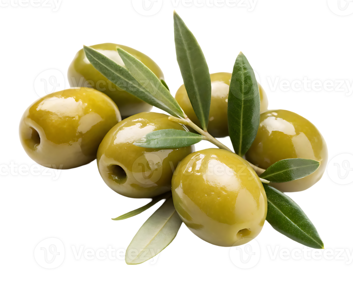 Close up of fresh green olives with leaves. png