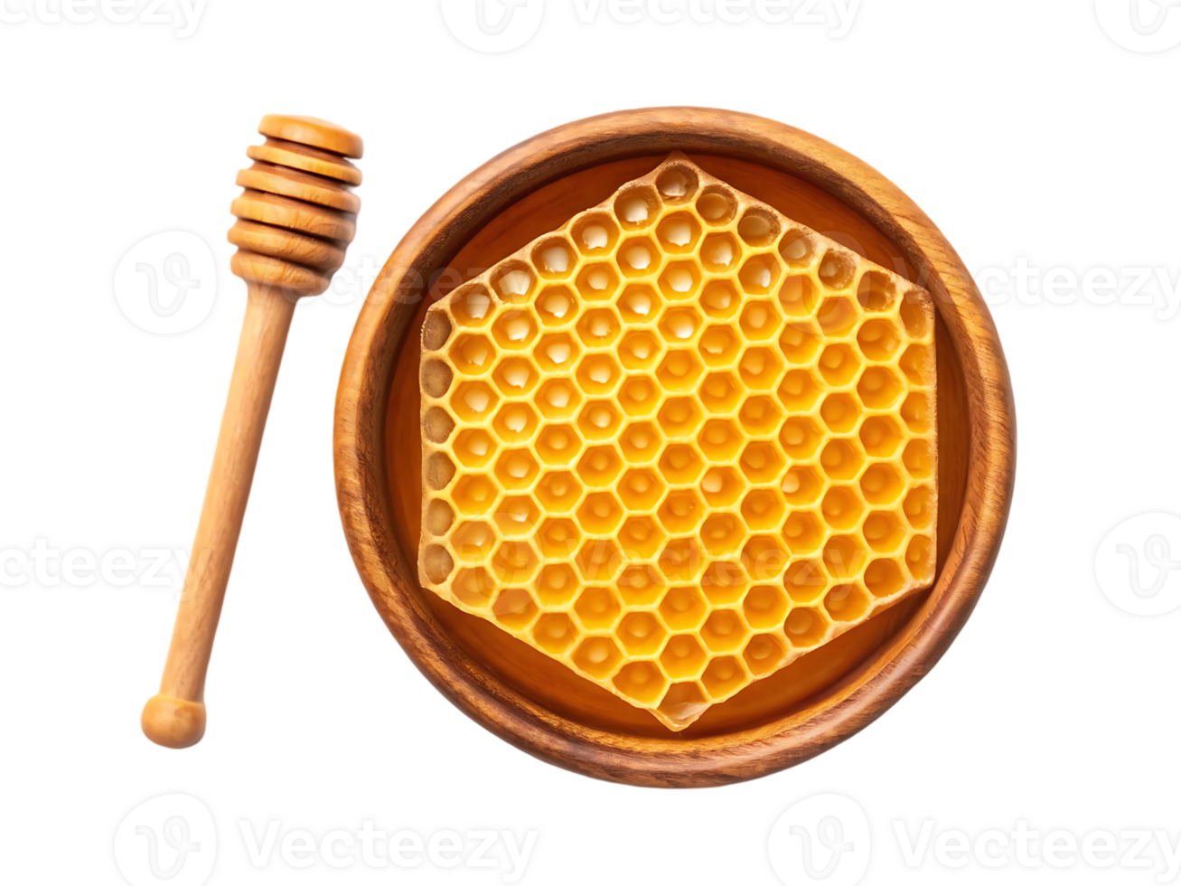 Sweet honeycomb in a rustic wooden bowl with honey dipper. png