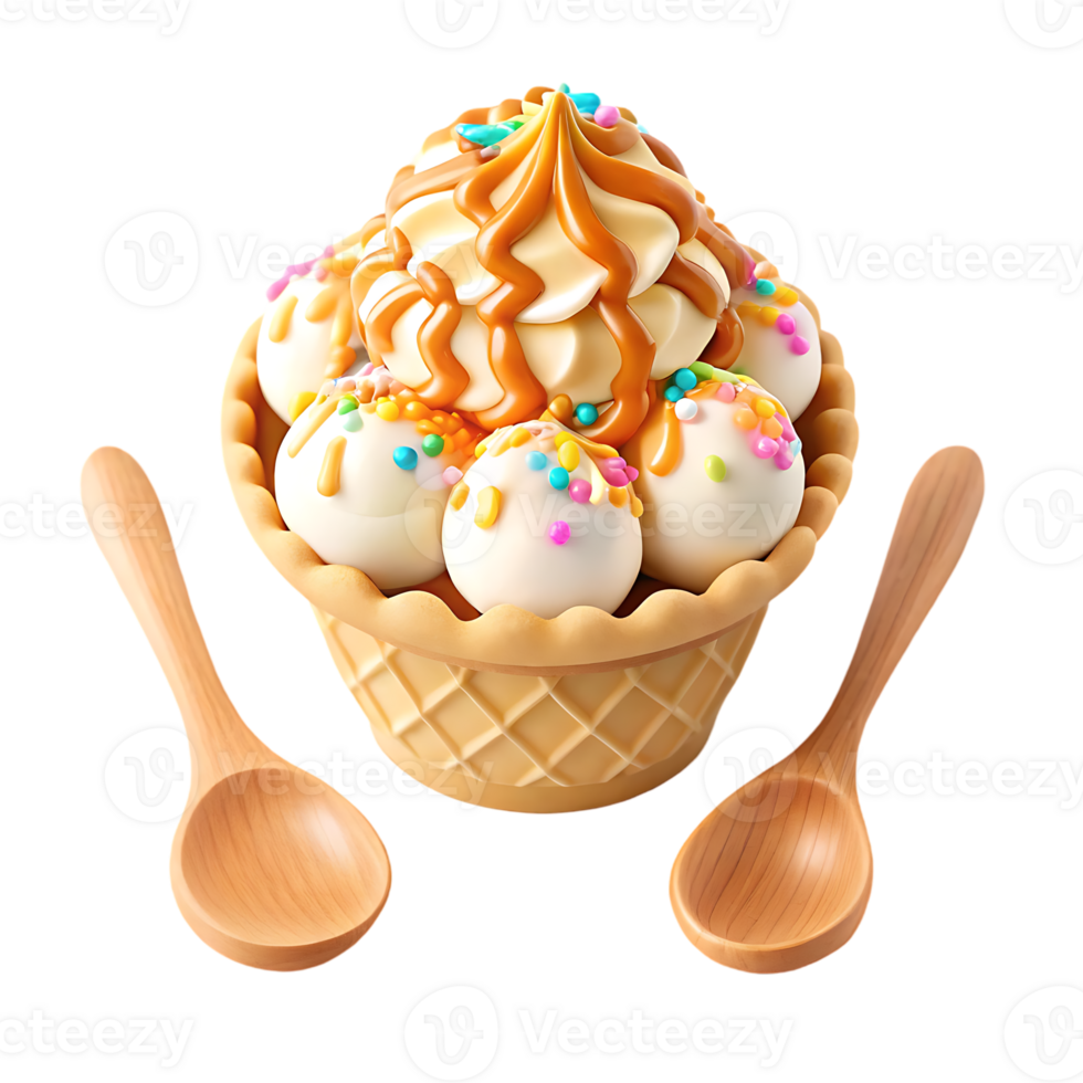 Delicious ice cream sundae in waffle bowl with two wooden spoons png