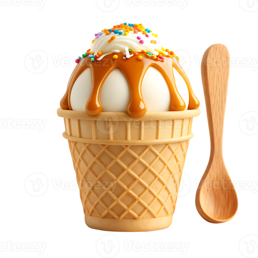 Delicious ice cream sundae in a waffle cone with caramel and sprinkles. png