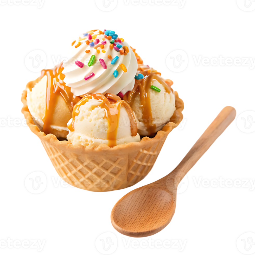 Delicious ice cream sundae in waffle bowl with caramel sauce and sprinkles png